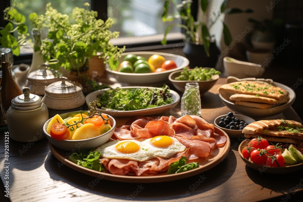 Brunch spread with a variet of dishes pastries. Village Breakfast with pastries, vegetables, greens, spreads, cheeses, fried eggs, jams.
Brunch spread with a variet of dishes pastries. Village Breakfast with pastries, vegetables, greens, spreads, cheeses, fried eggs, jams.