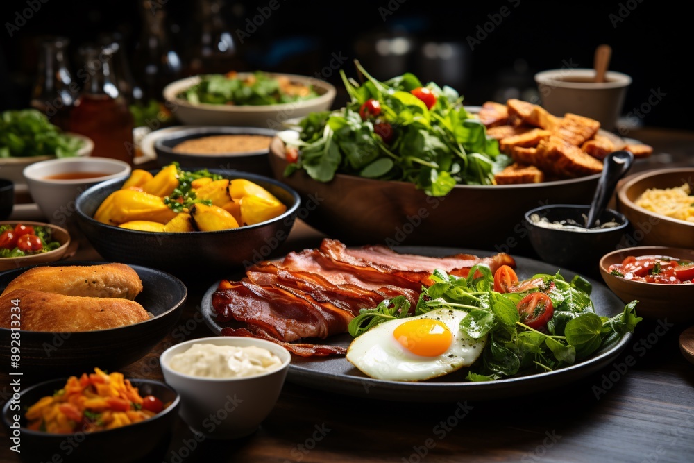 Brunch spread with a variet of dishes pastries. Village Breakfast with pastries, vegetables, greens, spreads, cheeses, fried eggs, jams.
Brunch spread with a variet of dishes pastries. Village Breakfast with pastries, vegetables, greens, spreads, cheeses, fried eggs, jams.