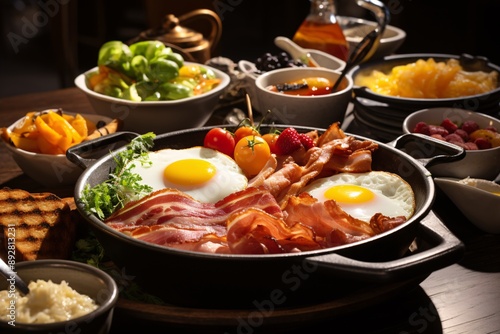 Brunch spread with a variet of dishes pastries. Village Breakfast with pastries, vegetables, greens, spreads, cheeses, fried eggs, jams.
 photo