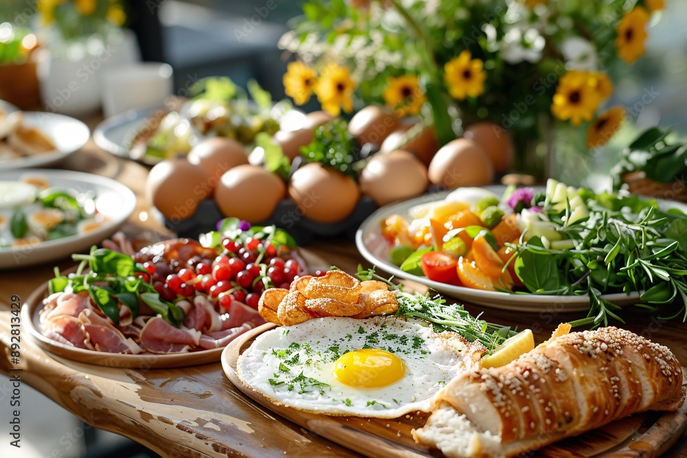 Brunch spread with a variet of dishes pastries. Village Breakfast with pastries, vegetables, greens, spreads, cheeses, fried eggs, jams. Brunch spread with a variet of dishes pastries. Village Breakfast with pastries, vegetables, greens, spreads, cheeses, fried eggs, jams.