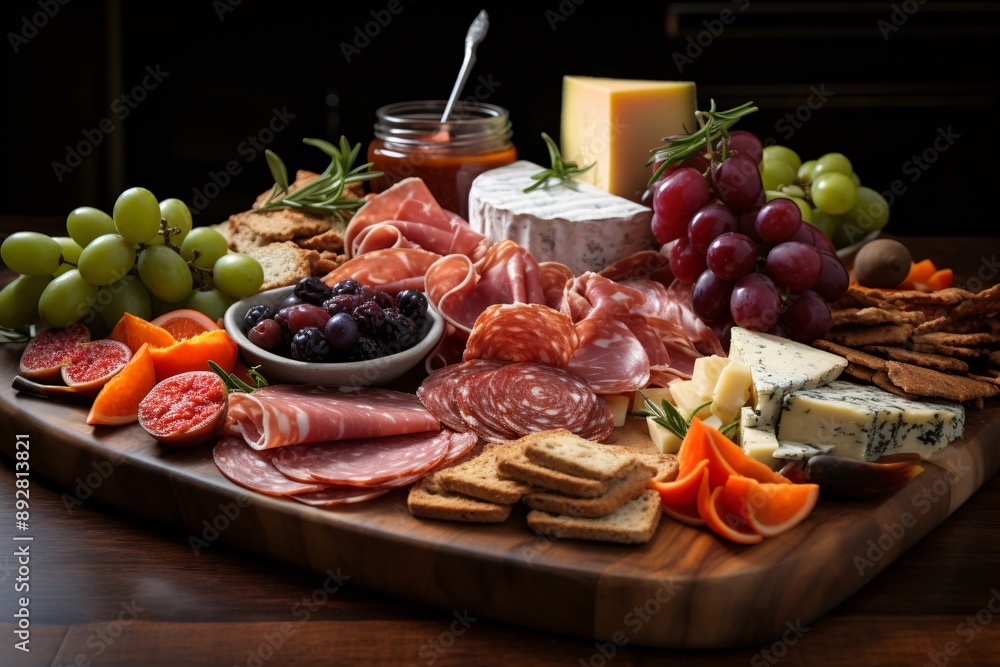 Elegant charcuterie board with a variety of cured meats, cheeses, olives, and crackers. Elegant charcuterie board with a variety of cured meats, cheeses, olives, and crackers.