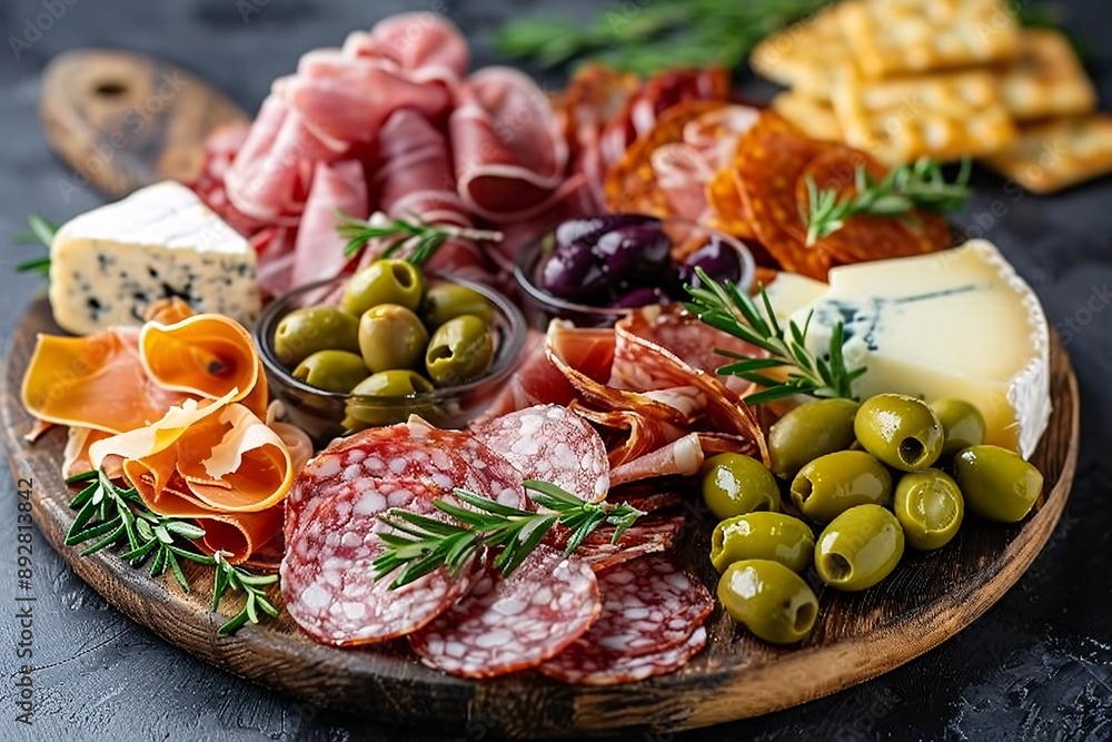 Elegant charcuterie board with a variety of cured meats, cheeses, olives, and crackers. Elegant charcuterie board with a variety of cured meats, cheeses, olives, and crackers.