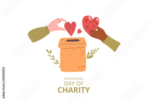 International day of charity template. Donation box emblem. Vector flat illustration.