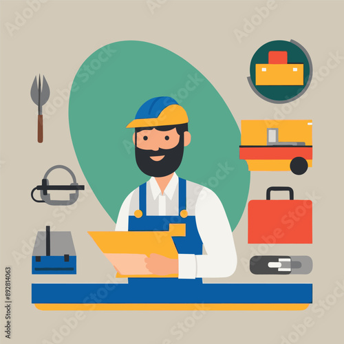 worker and builder wearing construction hat and tools