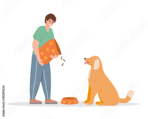 Young man feeding dog. Cute dog waiting for food. Happy Pet and owner. Pet adoption, charity, care and love concept. Vector illustration isolated on white background.