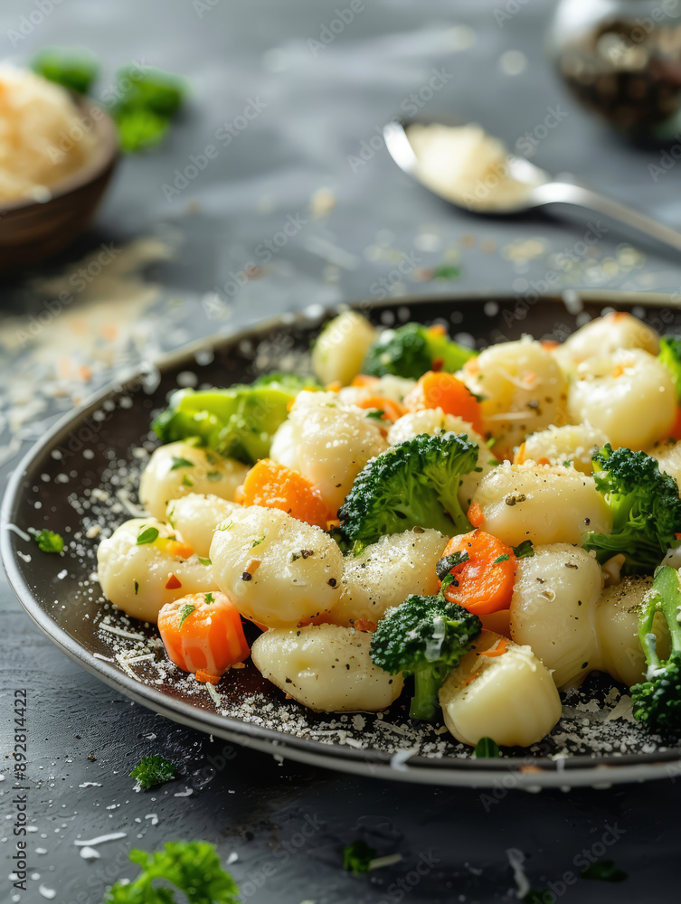 creamy gnocchi with broccoli and carrots on a plate creamy gnocchi with broccoli and carrots on a plate