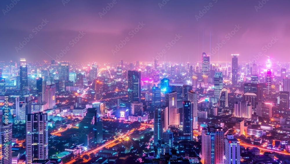 Obraz premium Cityscapes with wireless network connections. Big data connection technology concept. Wireless network and connectivity technology concept with city landscape background.