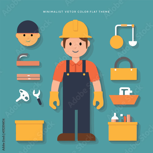 worker and builder wearing construction hat and tools