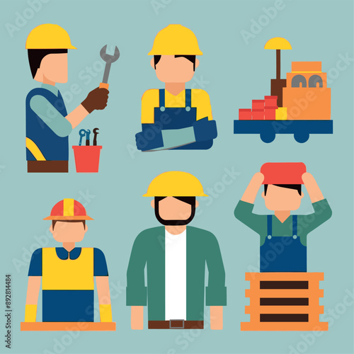 worker and builder wearing construction hat and tools