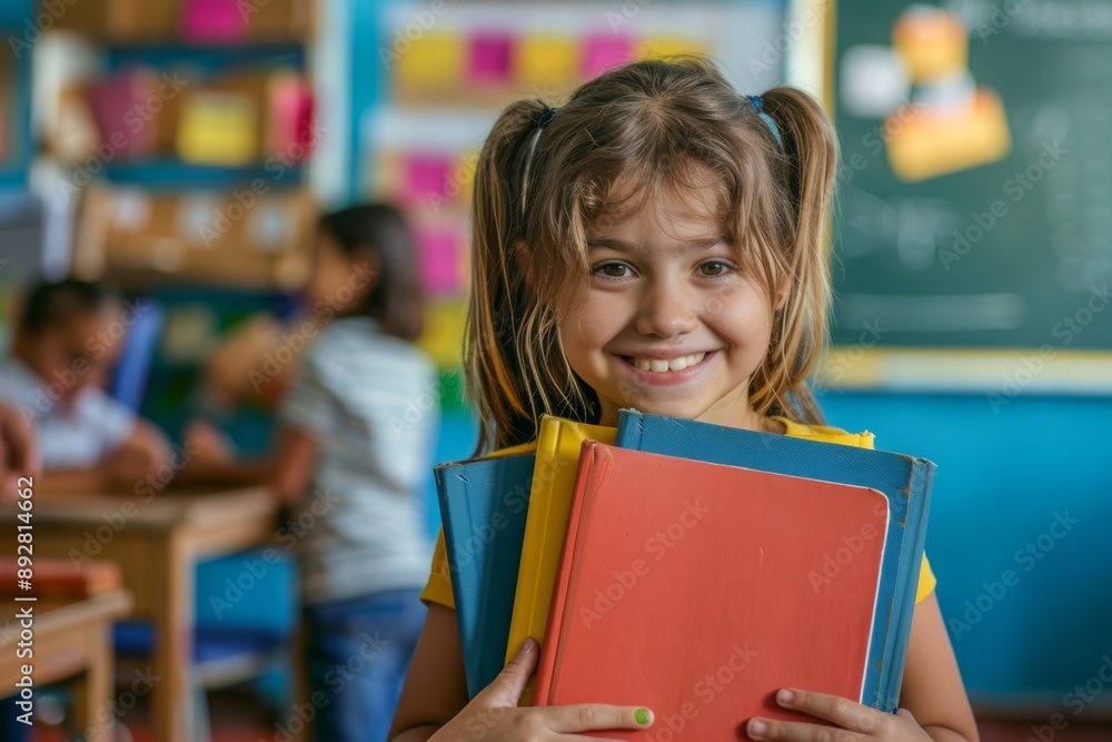 Young child enjoying her time fun-filled classroom. Cheerful student holding colorful books and smiling widely class. Joy of learning colorful academic environment. Young child enjoying her time fun-filled classroom. Cheerful student holding colorful books and smiling widely class. Joy of learning colorful academic environment.