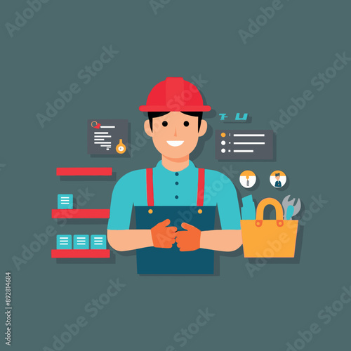 worker and builder wearing construction hat and tools