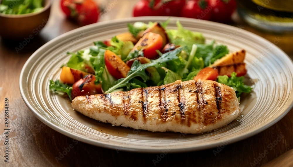 Elegant and healthy grilled chicken fillet with a side of fresh vegetable salad, captured wi Elegant and healthy grilled chicken fillet with a side of fresh vegetable salad, captured wi