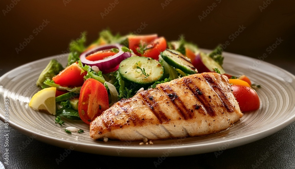 Elegant and healthy grilled chicken fillet with a side of fresh vegetable salad, captured wi Elegant and healthy grilled chicken fillet with a side of fresh vegetable salad, captured wi