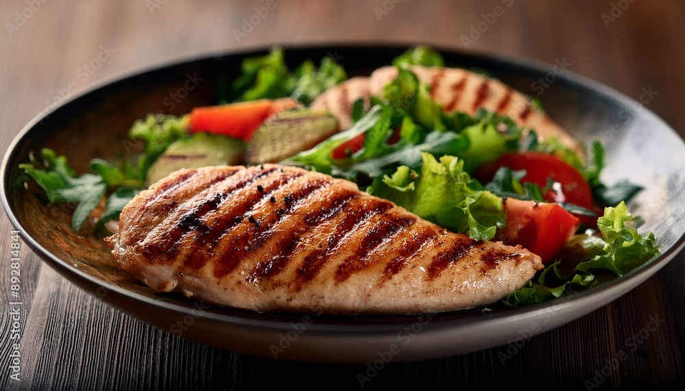 Elegant and healthy grilled chicken fillet with a side of fresh vegetable salad, captured wi Elegant and healthy grilled chicken fillet with a side of fresh vegetable salad, captured wi