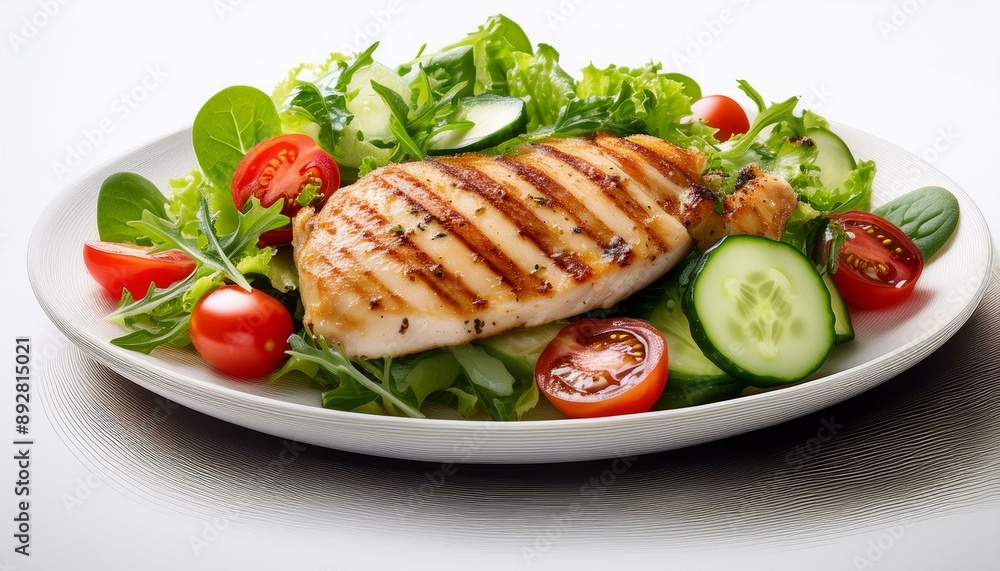 Healthy lunch plate featuring tender grilled chicken fillet and a vibrant salad of mixed gre Healthy lunch plate featuring tender grilled chicken fillet and a vibrant salad of mixed gre