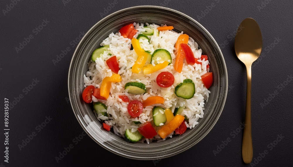 Top-down shot of a healthy food plate with rice and vegetable salad, including bell peppers Top-down shot of a healthy food plate with rice and vegetable salad, including bell peppers