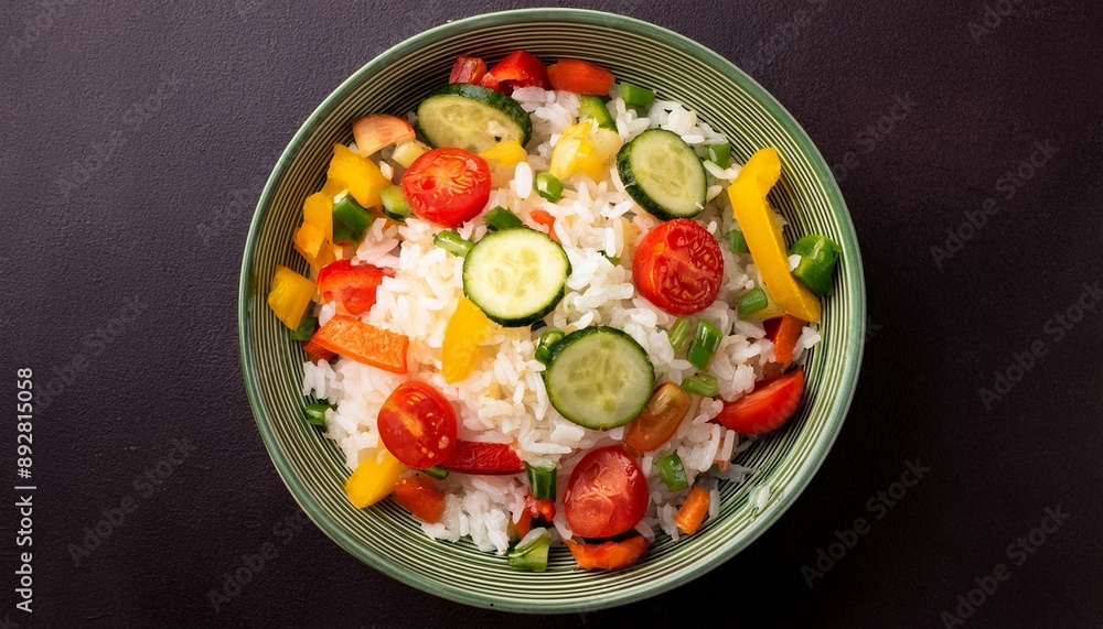 Top view of a colorful vegetable salad with rice, including tomatoes, cucumbers, and bell pe Top view of a colorful vegetable salad with rice, including tomatoes, cucumbers, and bell pe