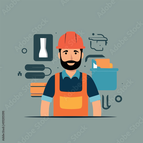 worker and builder wearing construction hat and tools