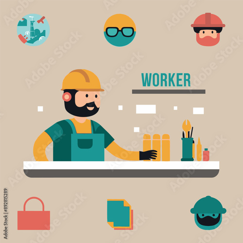 worker and builder wearing construction hat and tools