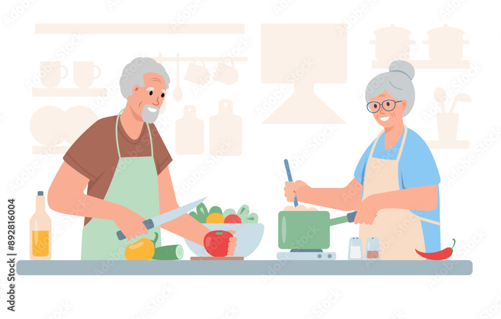 Senior man and woman cooking together. Elderly couple cook healthy food in kitchen. Active lifestyle and hobby for grandparents. Vector cartoon or flat illustration. Senior man and woman cooking together. Elderly couple cook healthy food in kitchen. Active lifestyle and hobby for grandparents. Vector cartoon or flat illustration.