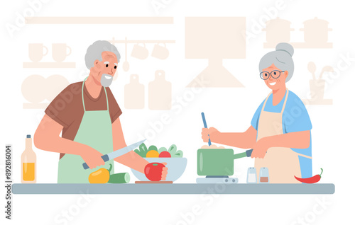 Senior man and woman cooking together. Elderly couple cook healthy food in kitchen. Active lifestyle and hobby for grandparents. Vector cartoon or flat illustration.