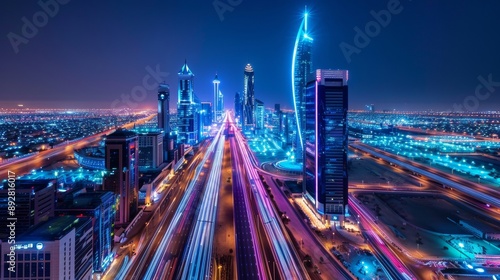 Neon Nights Aerial Cityscape with Kingdom Centre Tower Vibrant Urban Lights and Traffic Trails in Modern Metropolis Stunning Canon EOS 6D Mark II Capture photo