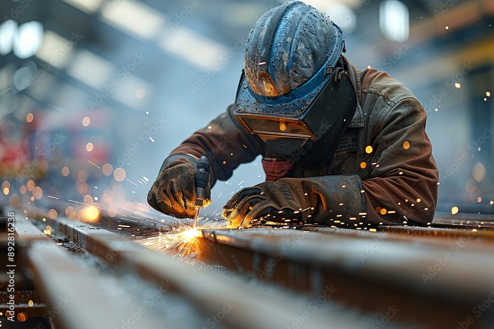 A welder in a protective helmet and equipment performs welding and grinding at his workplace. A welder in a protective helmet and equipment performs welding and grinding at his workplace.