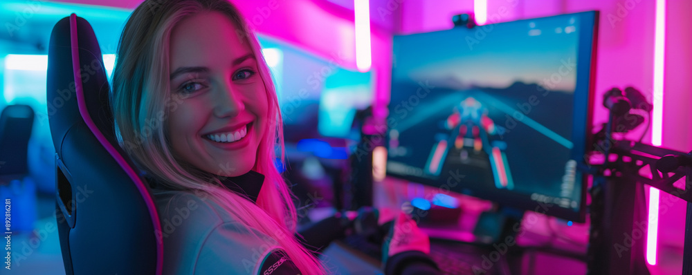A gamer in a neon-lit room enjoying a racing game on a PC, symbolizing gaming culture, technology, and interactive entertainment. A gamer in a neon-lit room enjoying a racing game on a PC, symbolizing gaming culture, technology, and interactive entertainment.