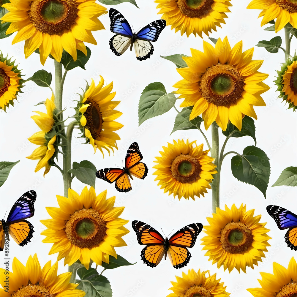 Sunflowers and butterflies on white background. Sunflowers and butterflies on white background.