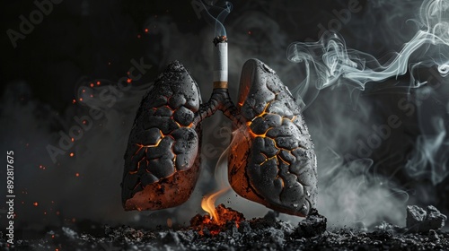 Up in Smoke Powerful Image of Lung Decay from Smoking Health Hazard Concept with Ashen Lungs and Lit Cigarette HighResolution Nikon D7500 Photography photo