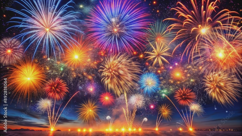 Naklejka premium A Symphony of Colors Fireworks Over the City, Celebration, Night Sky, Festive, Holiday , firework , celebration