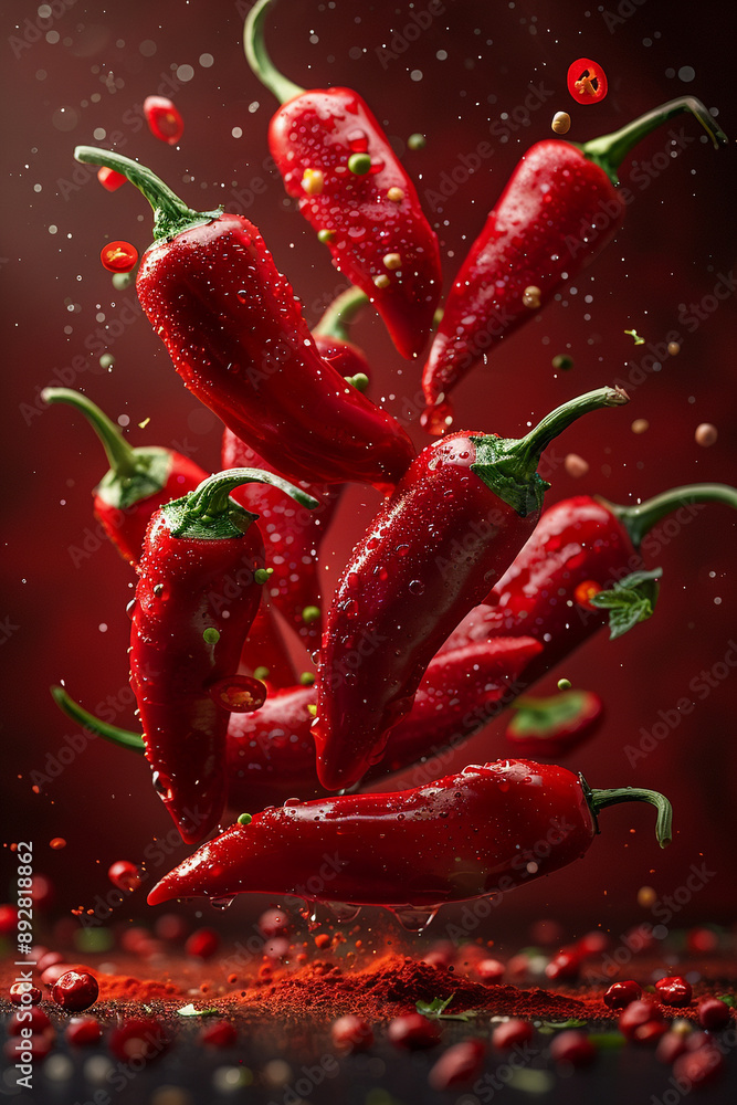 Red peppers floating in the air on a red background Red peppers floating in the air on a red background
