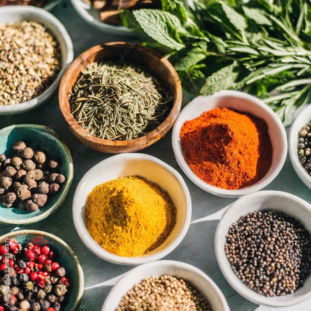 Colourful background from various herbs and spices for cooking in bowls. Top view; aromatic ingredients concept, copy spase Colourful background from various herbs and spices for cooking in bowls. Top view; aromatic ingredients concept, copy spase