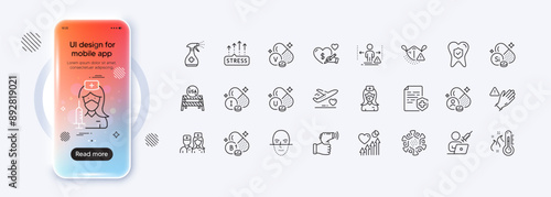 Stress grows, Iodine mineral and Use gloves line icons for web app. Phone mockup gradient screen. Pack of Coronavirus, Heart beat, Electronic thermometer pictogram icons. Vector