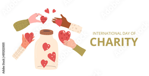 International day of charity banner template. Donation box background. Vector flat illustration.