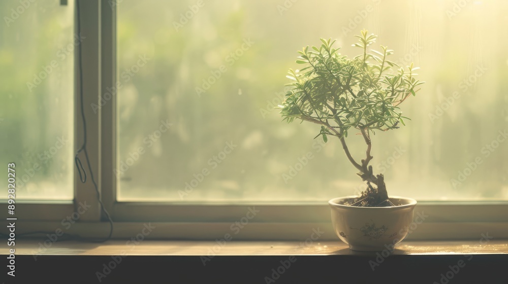 A small tree in a vase sits by a window. A small tree in a vase sits by a window.