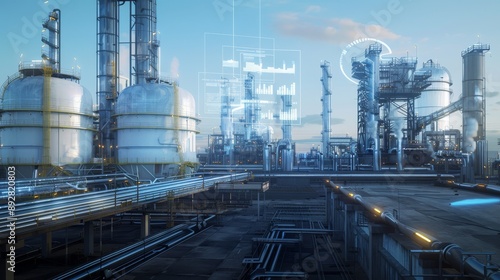 FutureForward Industrial Innovation Captivating Refinery Plant with Holographic Data Visualizations and Modern Technology Nikon D850 Photography