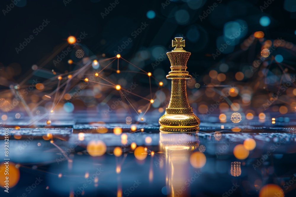 An idea for a future business strategy with a futuristic graphic icon and golden chess board game in a black and white background