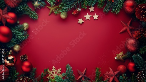 Christmas Decorations on Red Background