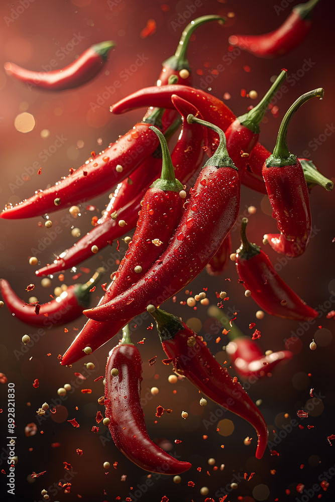 Several red peppers floating in the air on a red background Several red peppers floating in the air on a red background