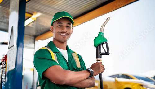 Atendente de posto de gasolina sorridente segurando o bocal de combustível