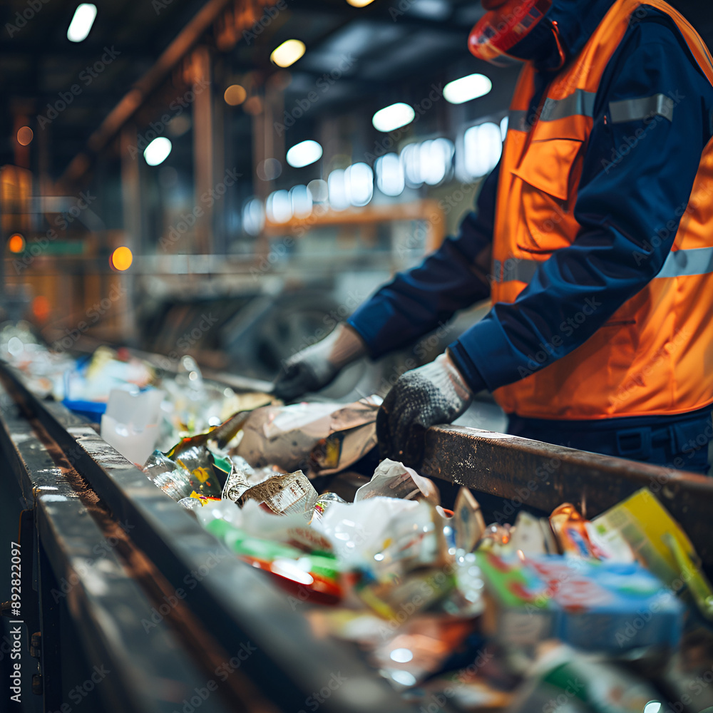 Recycling Plant Worker Sorting Waste on Conveyor Belt Recycling Plant Worker Sorting Waste on Conveyor Belt