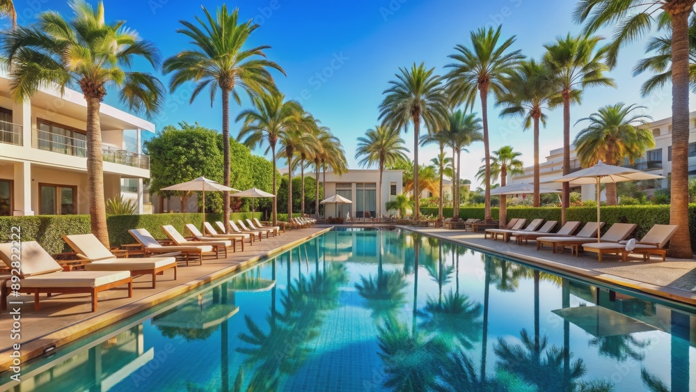 Fototapeta premium Palm Trees Reflecting in Pool Water, Tropical Resort, Luxury Vacation, Palm Trees, Poolside Relaxation, resort, swimming pool