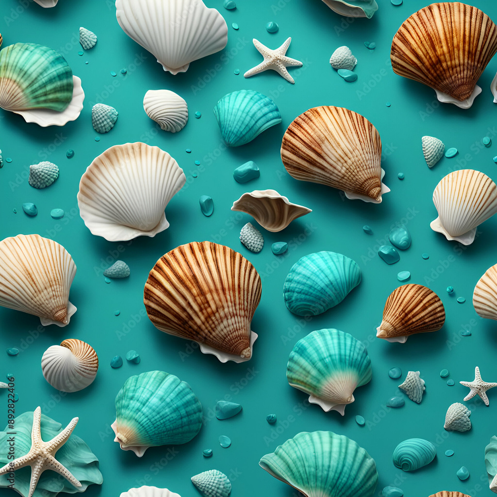 seashells with turquoise background seamless illustration seashells with turquoise background seamless illustration