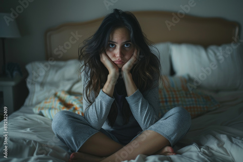 Portrait of tired young woman sitting in bed at night because she cannot sleep. Depression, stress, problems, apathy, insomnia, sleep disorder, noisy neighbors