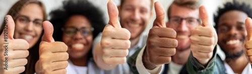 Close-up of multi-cultural group showing thumbs up at camera as a gesture of recommendation and good choice. Multi-cultural group demonstrates satisfaction and response.