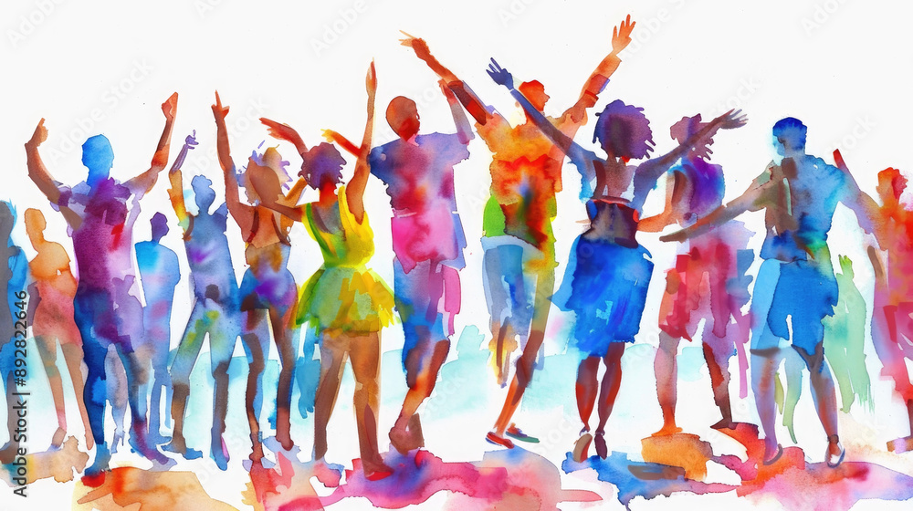 Obraz premium A group of people are dancing and having fun at a summer festival, depicted in a watercolor painting style