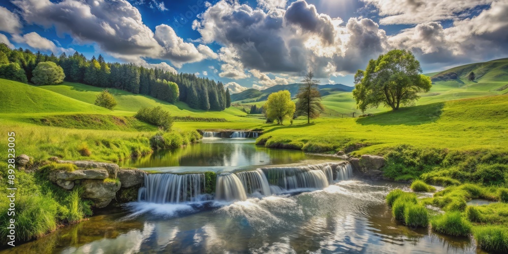 Serene Waterfall in a Lush Green Meadow, Digital Painting, Wide Angle View, Nature, Landscape, Waterfall, Meadow Serene Waterfall in a Lush Green Meadow, Digital Painting, Wide Angle View, Nature, Landscape, Waterfall, Meadow