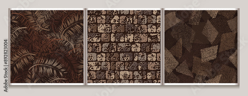 Seamless brown camouflage patterns with palm leaves, brick stone wall, scattered mesh tulle patches. For apparel, fabric, textile, sport goods design.