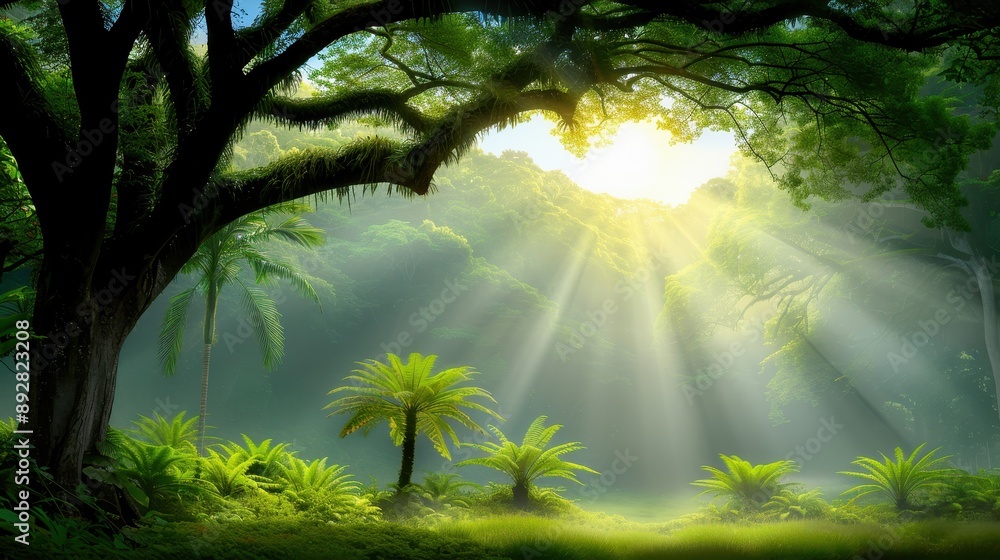 Fototapeta premium Sunlight streaming through a dense green rainforest with tall trees and lush foliage